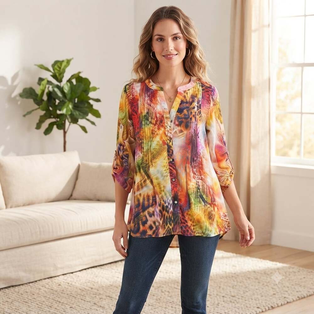 Chaus New York Women's Multicolor Mixed Animal Print Pintuck Button-Down Tunic T